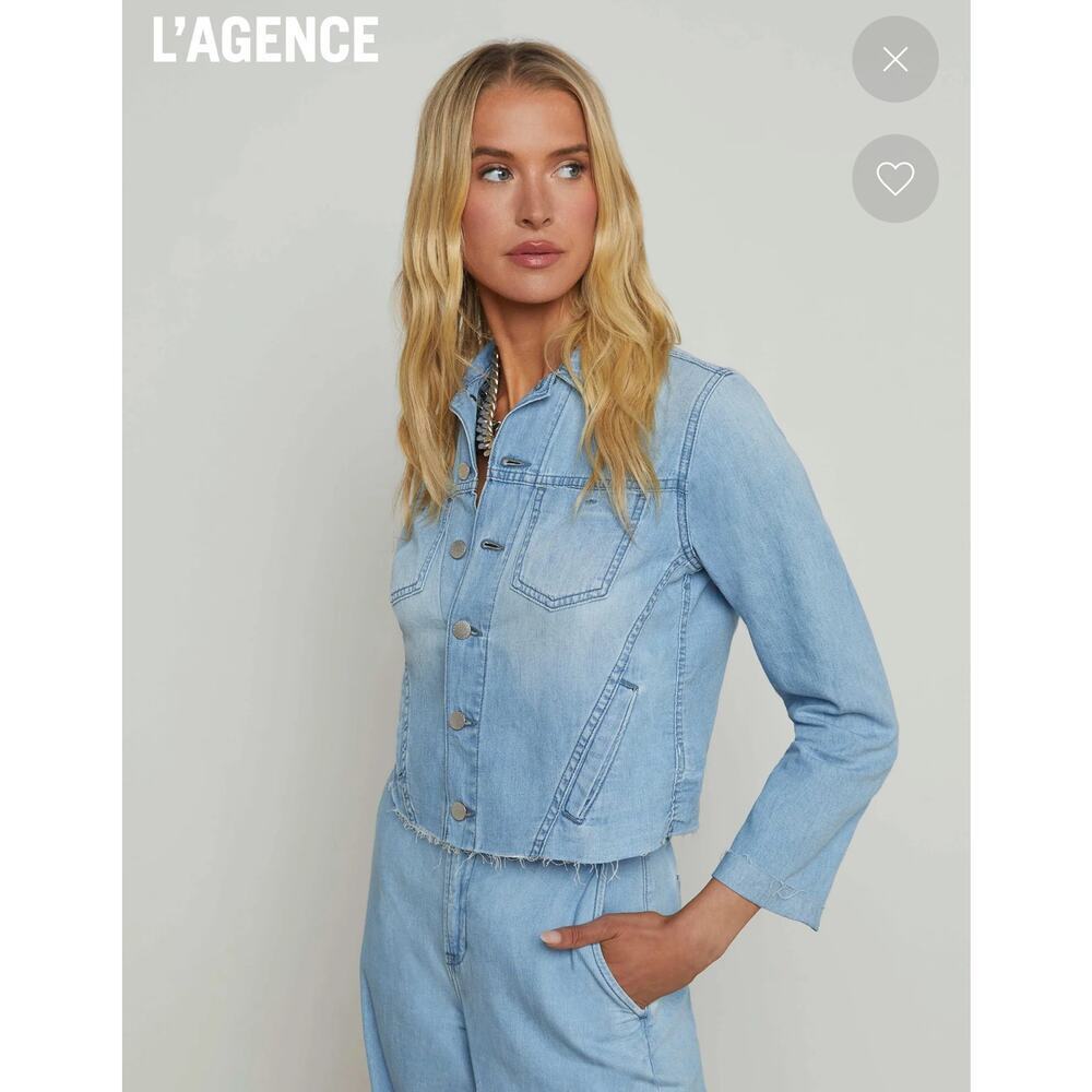 L'Agence Women's Janelle Cut-Off Denim Jacket Long Sleeve Light Blue Size S NWT